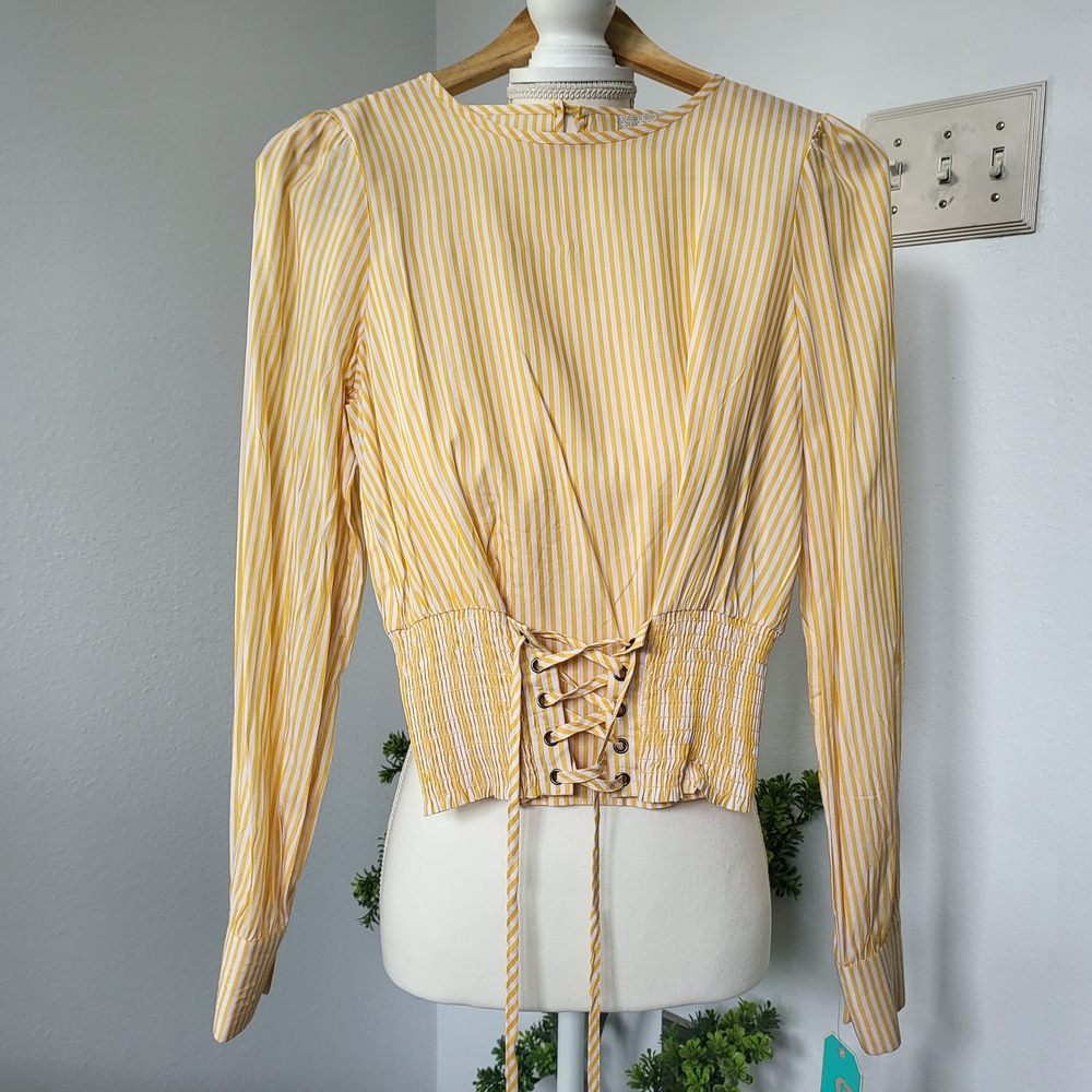 Giani Bernini Yellow Striped Lace-Up Women's Top